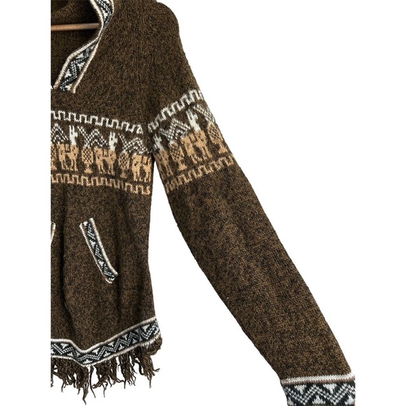 Alpaca Exotic Imports Size‎ Small Handmade Alpaca Hooded Tasseled Sweater Brown - Picture 3 of 8
